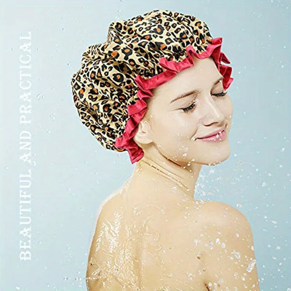 Leopard Print Double-Layer Shower Cap – Waterproof & Reusable