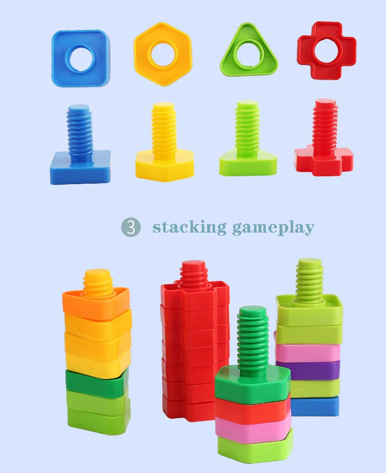 A set of colorful screw and nut building blocks demonstrating stacking gameplay.