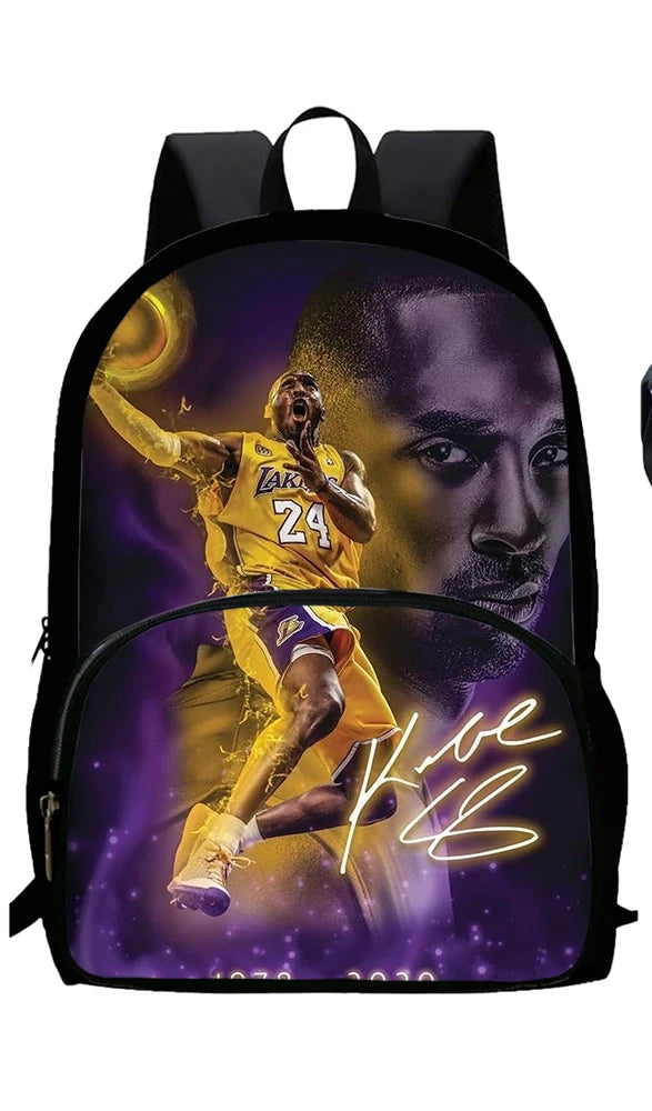 Black backpack featuring a graphic of a basketball player and text on the front.