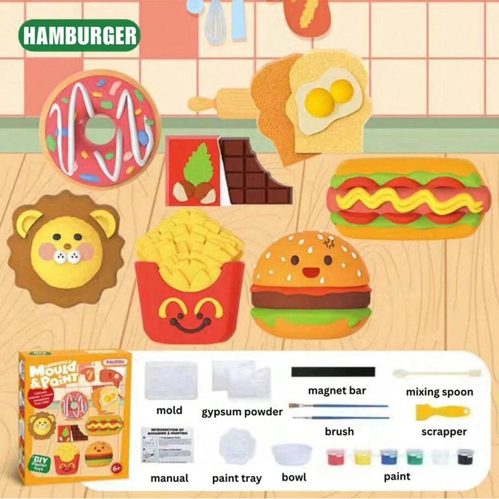 Kit de peinture DIY pour enfants avec moules, peinture et pinceaux, accompagnés d'articles à thème alimentaire.