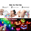 A set of rechargeable wireless LED strobe lights with a remote control and various colors are shown for Halloween decoration.
