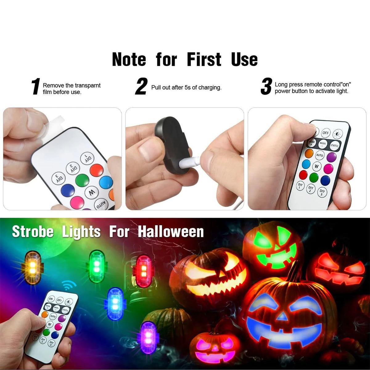 A set of rechargeable wireless LED strobe lights with a remote control and various colors are shown for Halloween decoration.