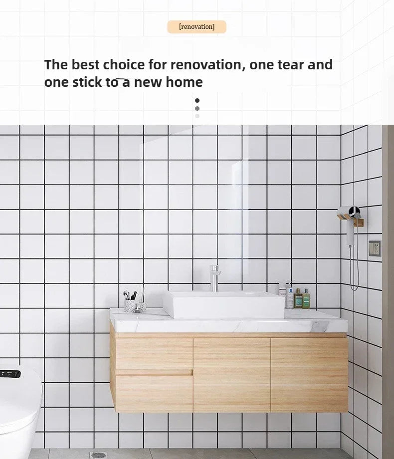 A modern bathroom vanity featuring a white sink and light wood cabinet with self-adhesive tile stickers on the walls.
