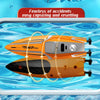 Orange high-speed RC speedboat with dual motors floating in clear blue water.