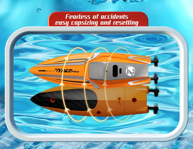 Orange high-speed RC speedboat with dual motors floating in clear blue water.
