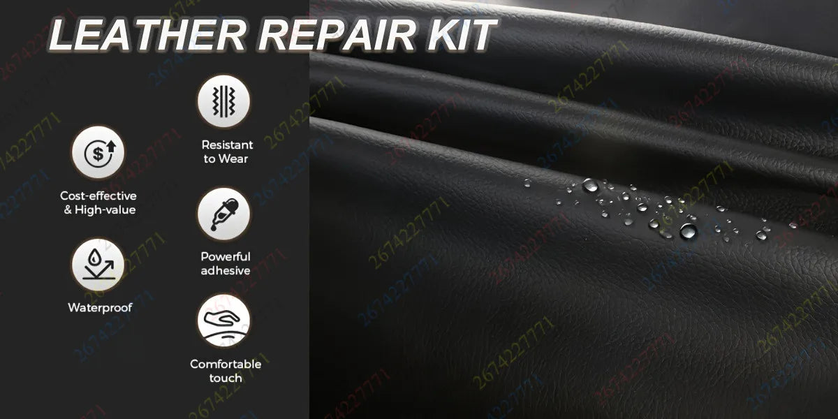 A product display showing a leather repair kit with features like resistance to wear, waterproof adhesive, and comfortable to
