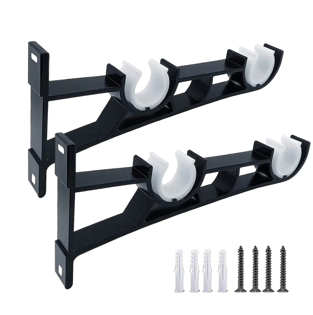 A pair of black heavy duty double curtain rod brackets for wall mounting, with several threaded rods shown below.