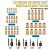 A collection of 10 pieces of rivet nut installation tools and 50 rivet nuts in various sizes M3 to M8.