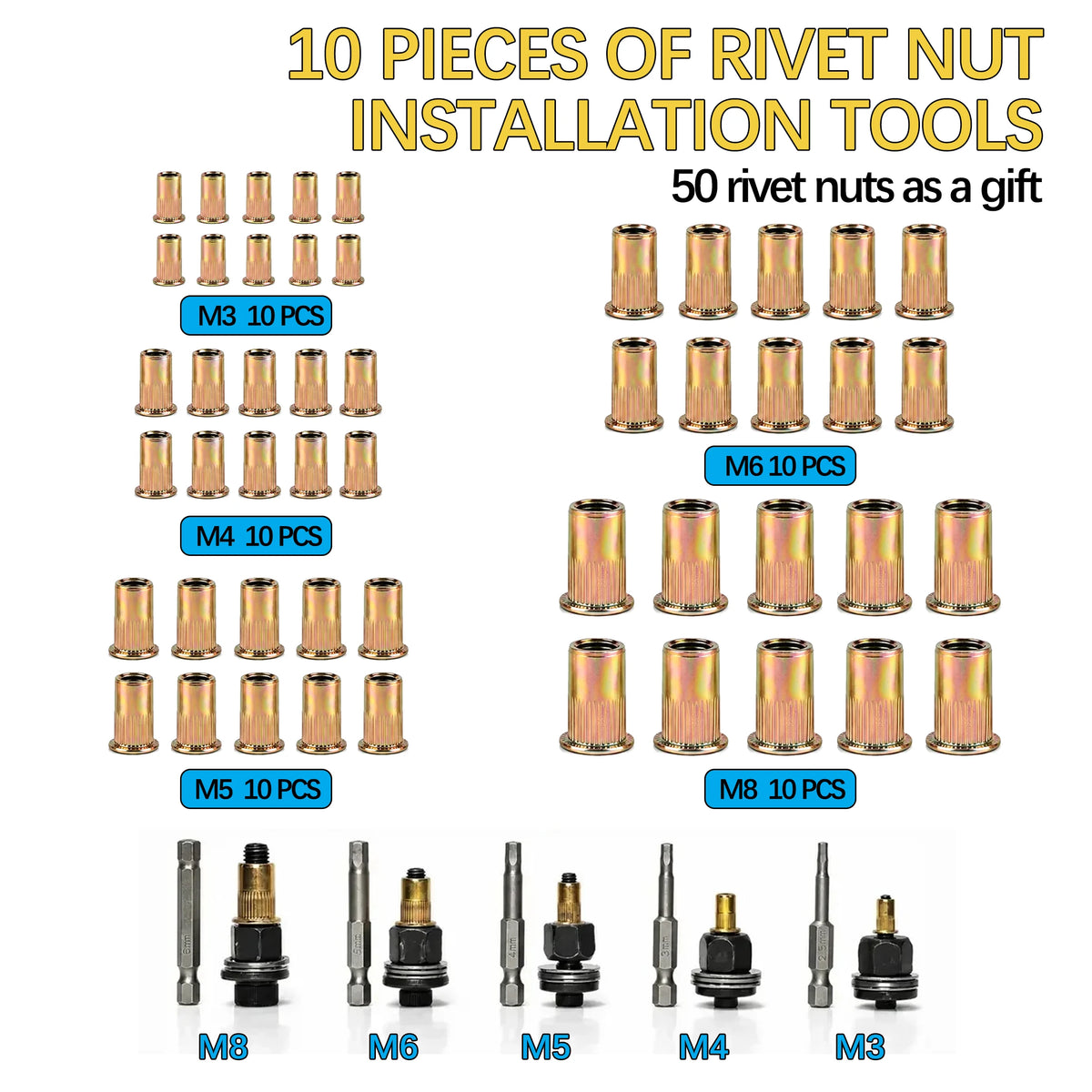 A collection of 10 pieces of rivet nut installation tools and 50 rivet nuts in various sizes M3 to M8.