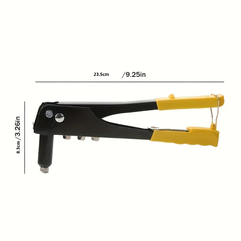 Black and yellow heavy-duty pop rivet gun kit with 120 blind rivets shown from the side.