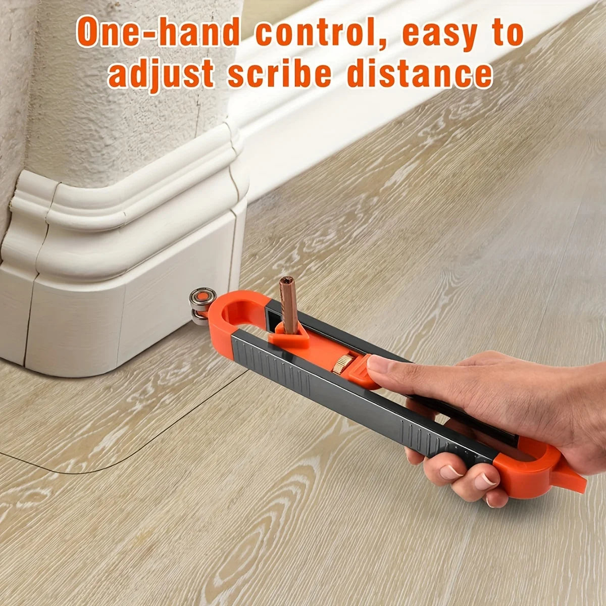 A hand is using an orange and black contour gauge scribe tool to adjust the distance between a profile and a surface.