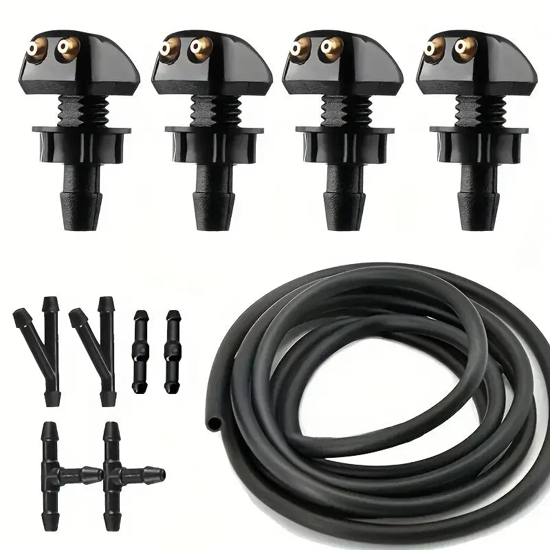 A set of four black windshield washer hose connectors and a coiled black hose.