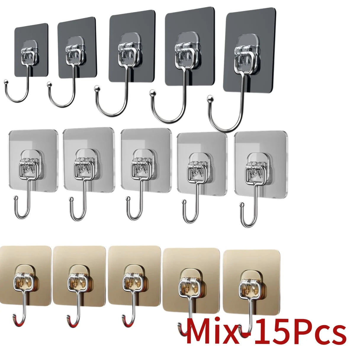 A set of 15 self-adhesive rotating wall hooks in various sizes and finishes for storage.
