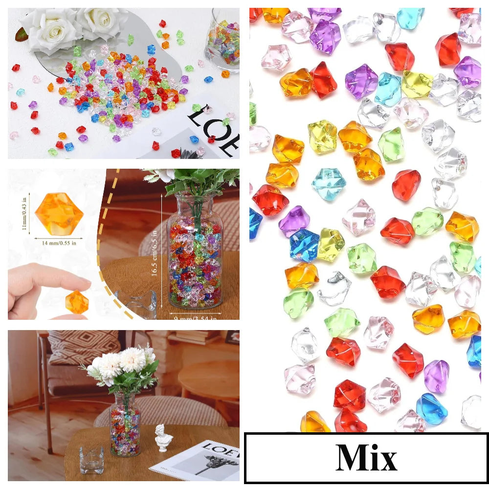 A mix of colorful acrylic crushed ice gems used for vase fillers and decor.