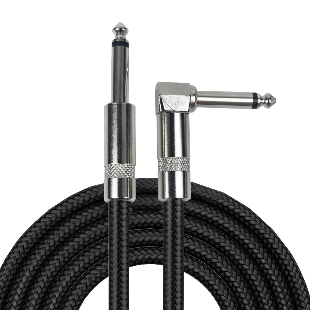 A silver braided guitar cable with a right-angle connector is shown against a black background.