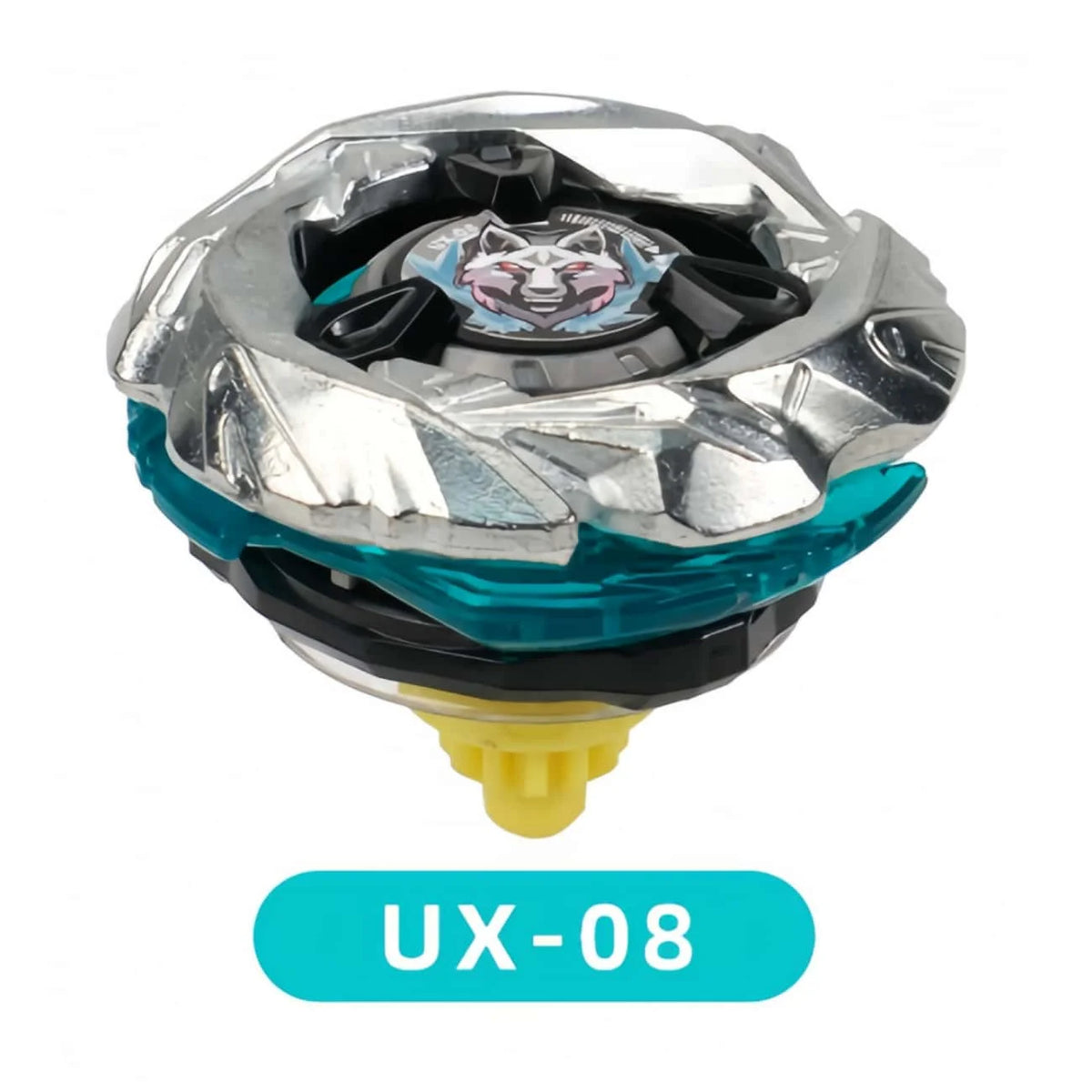 Metal spinning top battle toy with launcher featuring a silver and black design.