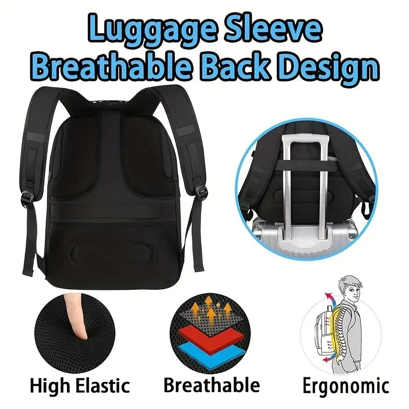 Black breathable luggage sleeve backpack featuring elastic straps and ergonomic design.