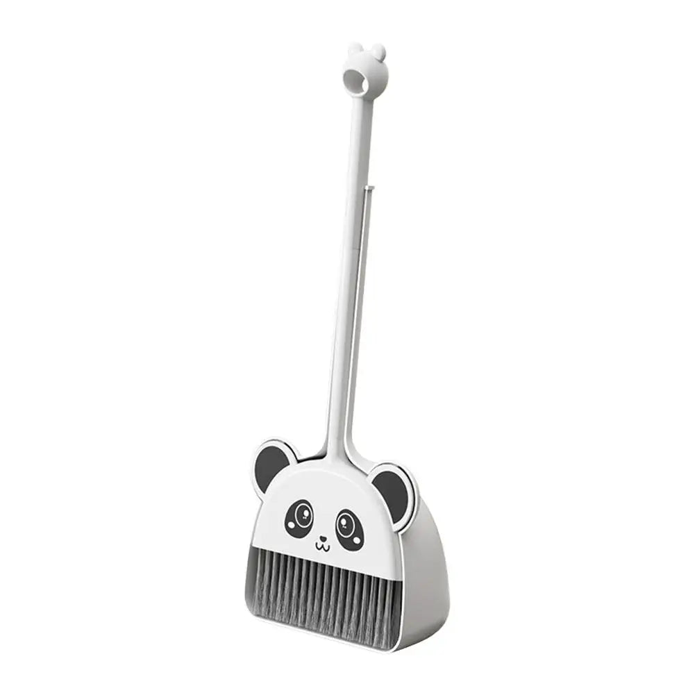 A white kids broom and dustpan set with an adjustable mop, featuring a panda design.