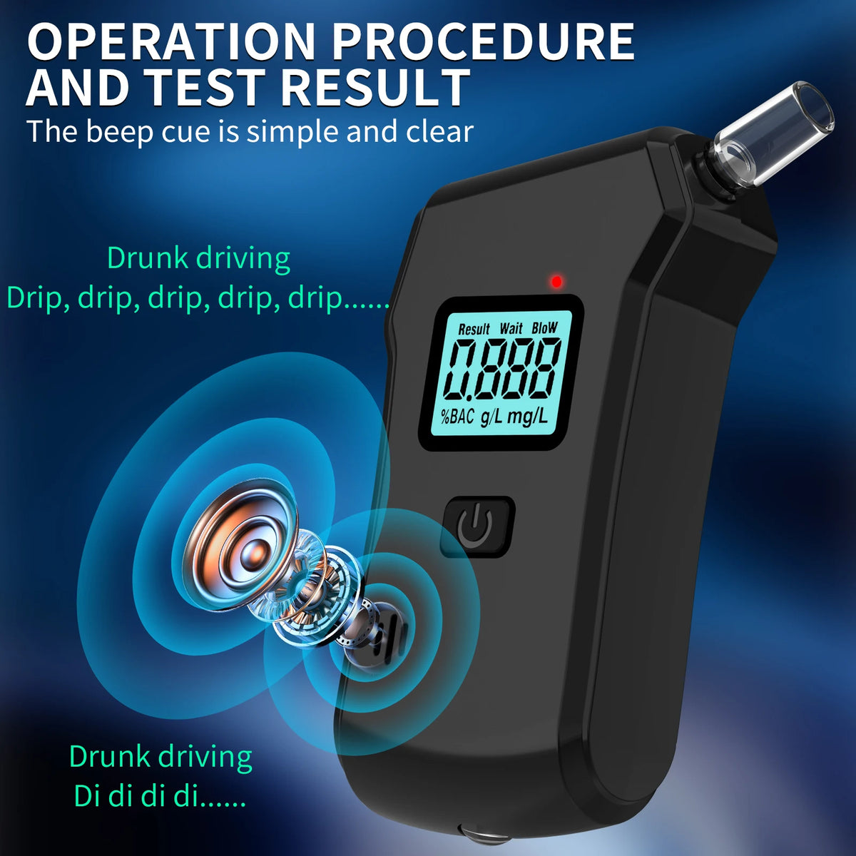 A black portable digital breathalyzer device with an LCD display showing a result and surrounding blue sound waves.