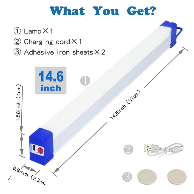 A long white LED light bar with a blue end, charging cord, and adhesive iron sheets included.