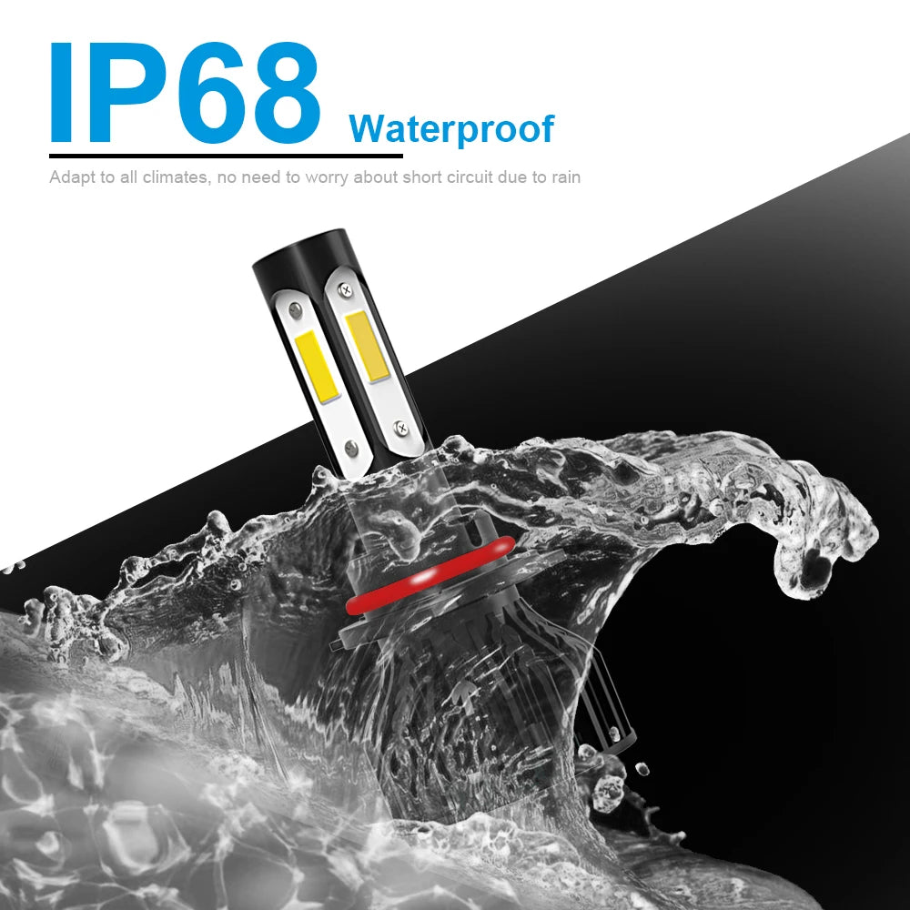A waterproof LED headlight bulb is shown being splashed by a wave to demonstrate its IP68 rating.