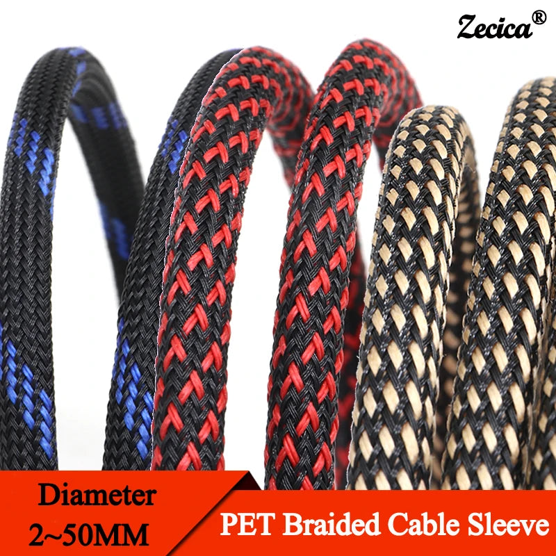 Close-up view of black and red braided PET cable sleeves showing various diameters for flexible wire protection.