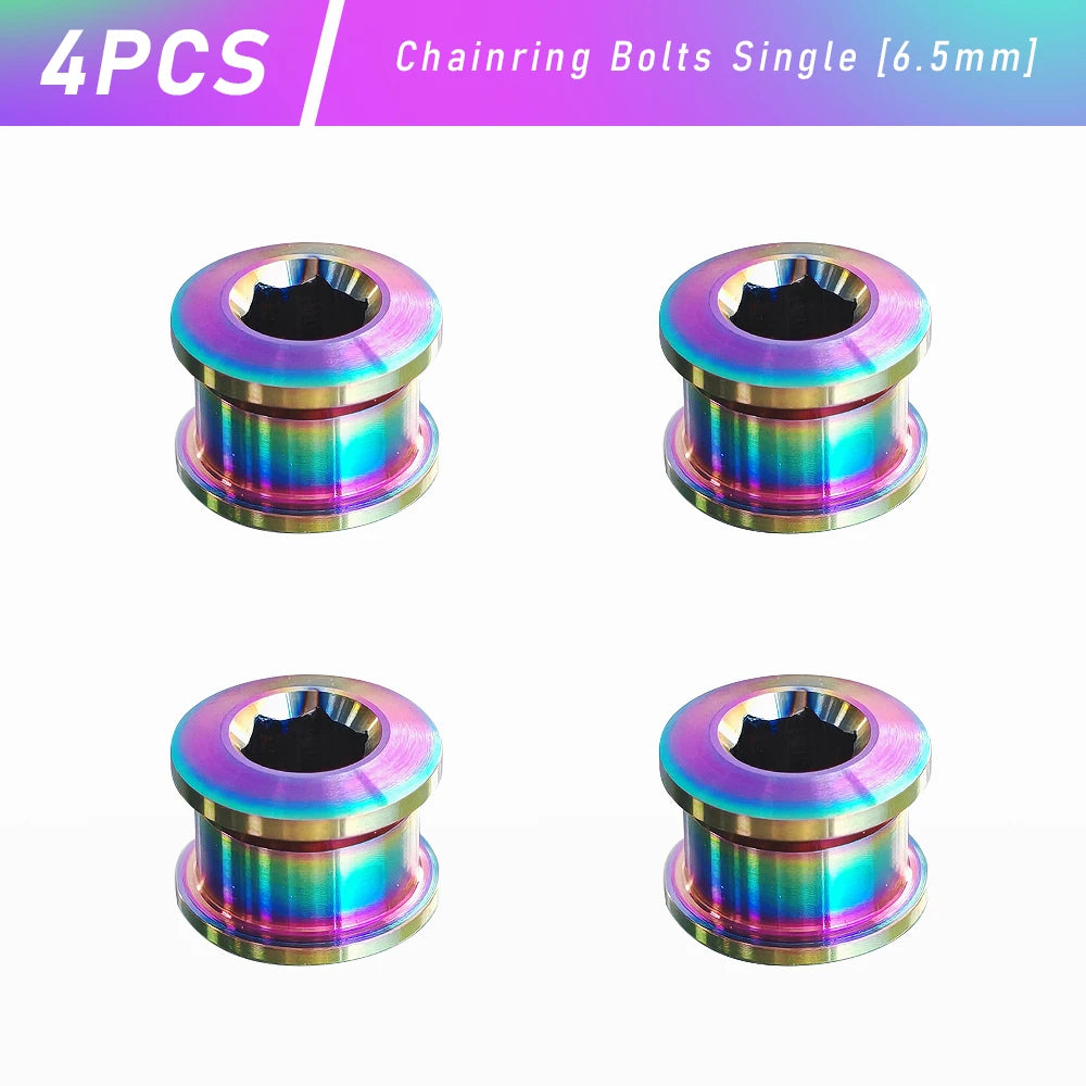 Four single titanium alloy chainring bolts measuring 6.5mm for mountain and road bikes