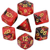 A set of seven polyhedral dice in red and black colors shown at various angles.