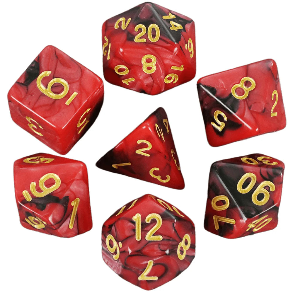 A set of seven polyhedral dice in red and black colors shown at various angles.