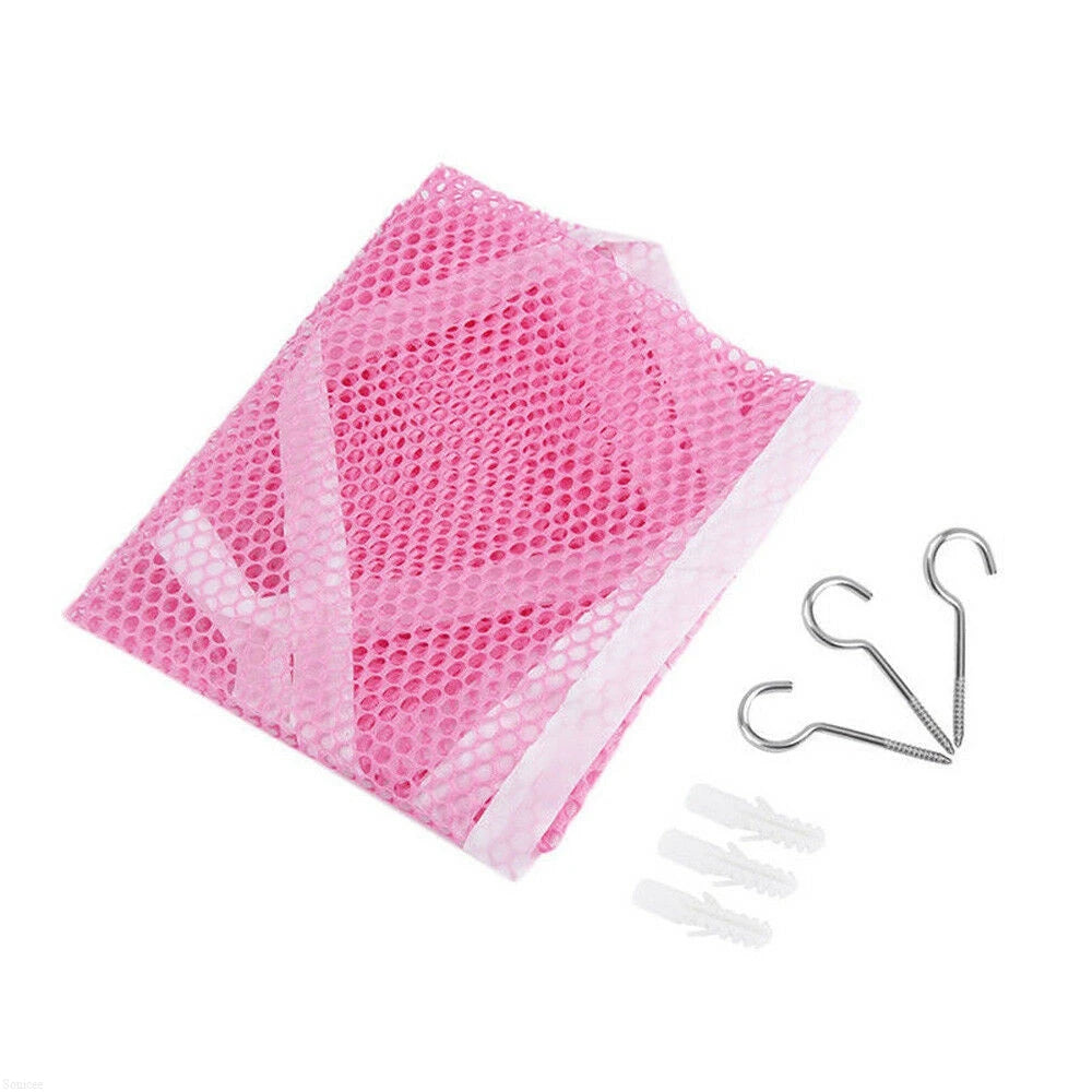 Pink mesh storage hammock for kids with metal screw hooks