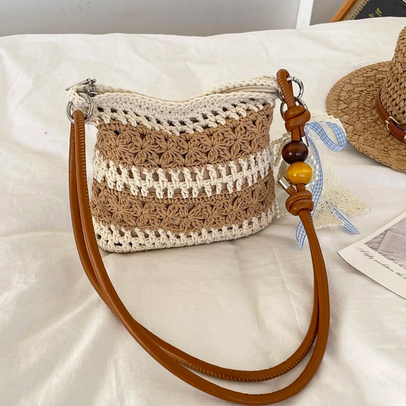Boho Crochet Straw Shoulder Bag with Ribbon Bow