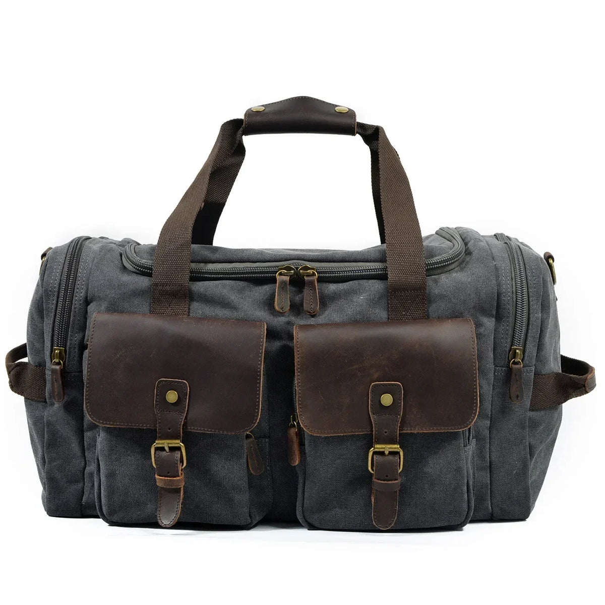 A dark gray canvas duffel bag with brown leather trim and handles.