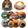 A set of eight diamond painting coasters featuring various coffee-themed designs and a holder.