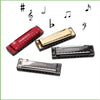 A set of three harmonica models, including a red and gold diatonic harmonica in protective cases.