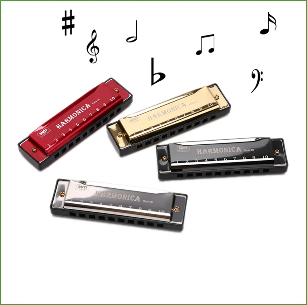 A set of three harmonica models, including a red and gold diatonic harmonica in protective cases.