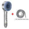 A handheld shower head with a silicone nozzle and a 1.5m stainless steel hose is shown.