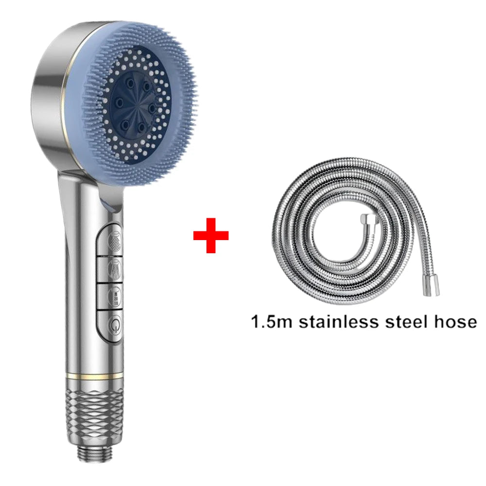 A handheld shower head with a silicone nozzle and a 1.5m stainless steel hose is shown.