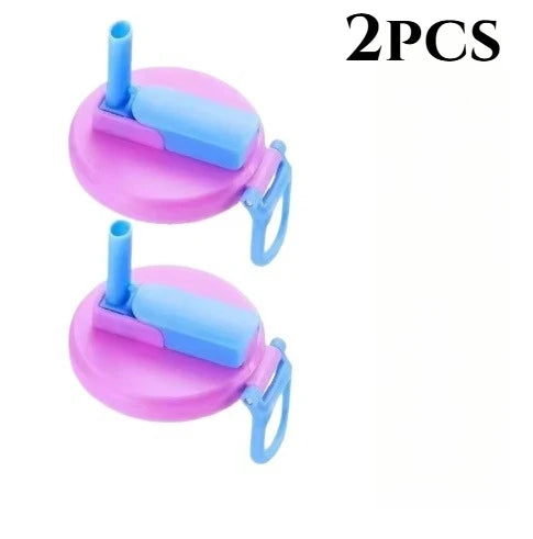 Two reusable silicone can lids with straws for beverages, one pink and one blue.
