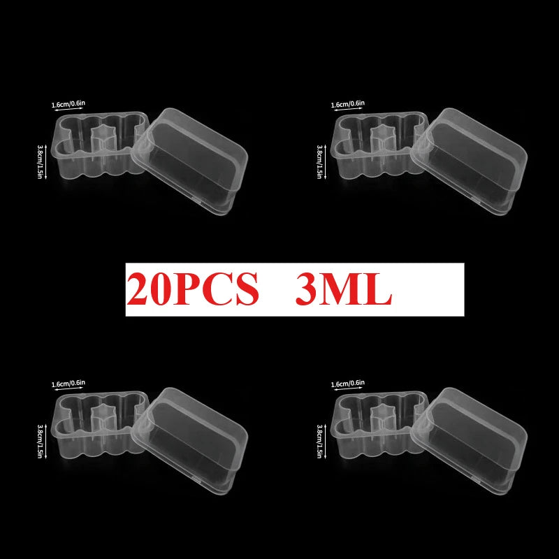 A set of 20 clear plastic vial storage cases with 3ml capacity shown in various angles.