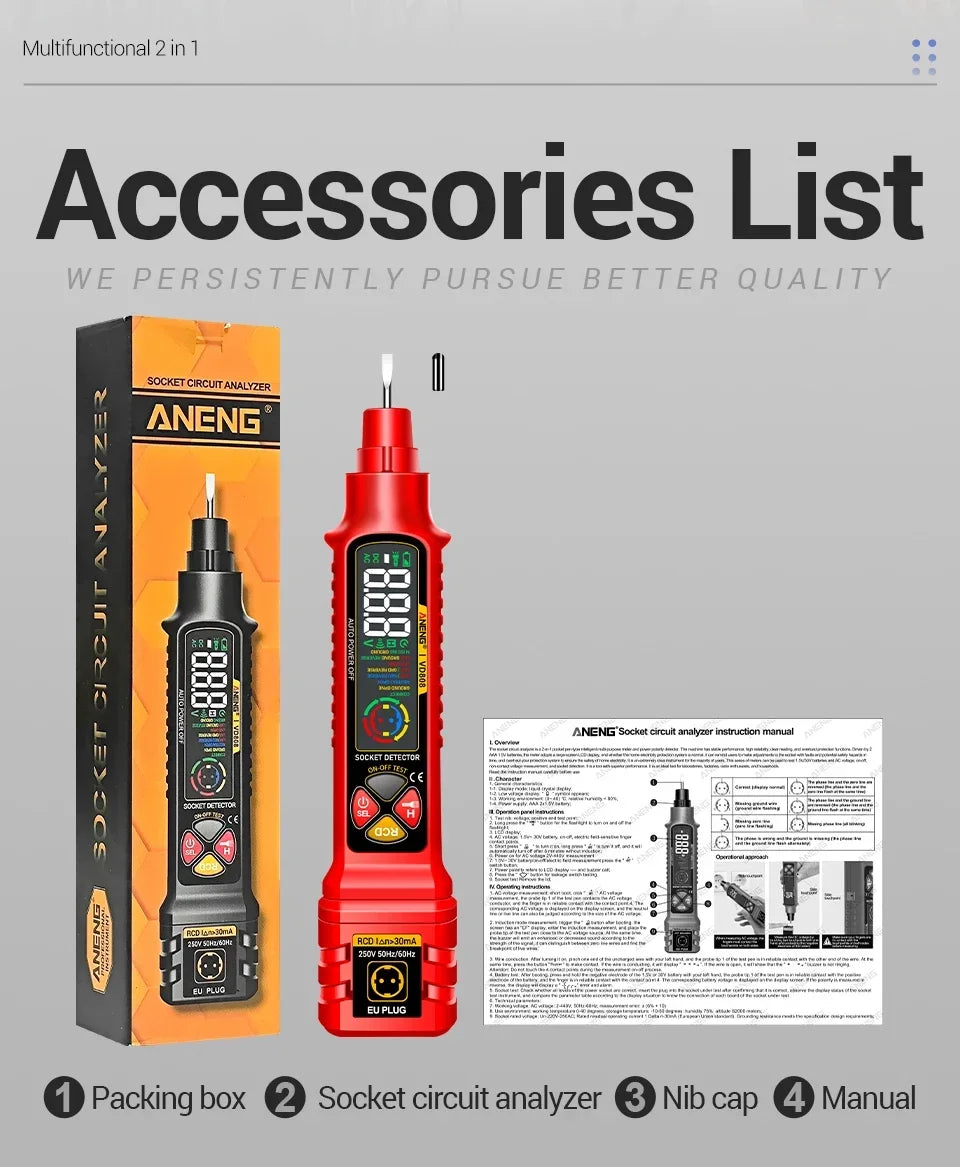 Socket Tester with AC/DC Voltage Detection and Polarity Check
