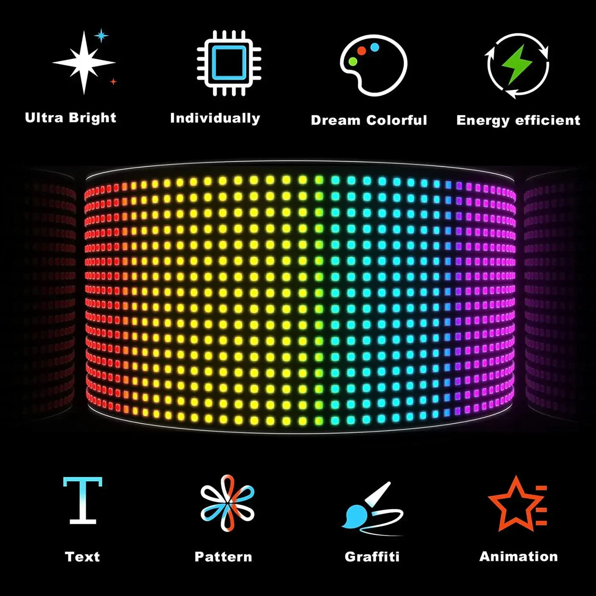 A flexible USB LED matrix display showing various features like Ultra Bright, individually controlled pixels, Dream Colorful,