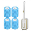 A set of blue disposable toilet brushes with automatic lids and replacement heads.