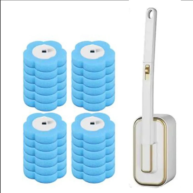 A set of blue disposable toilet brushes with automatic lids and replacement heads.