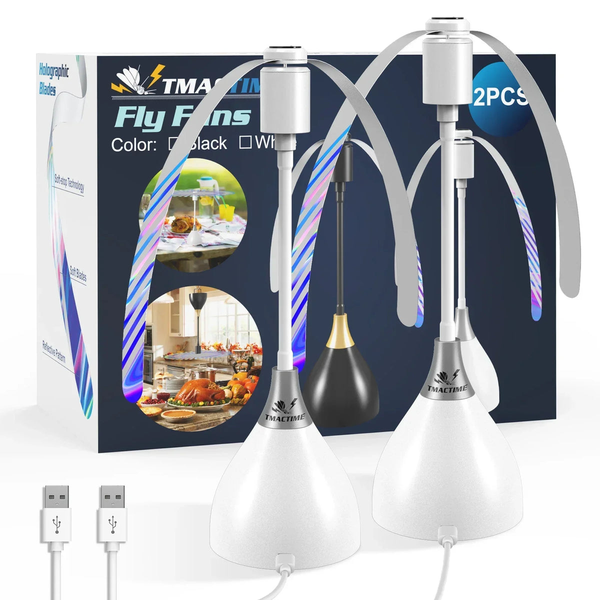 A set of two white fly fans with black blades and USB cables displayed in a box.