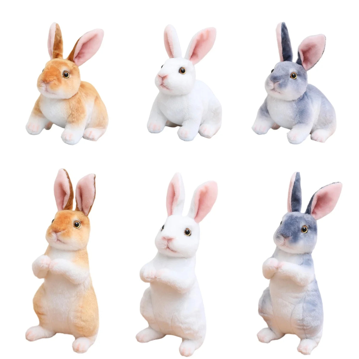 A collection of four lifelike plush rabbit stuffed animals in various colors and poses.