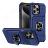 A blue protective phone case with a magnetic ring stand and camera lens cover is shown in various angles.