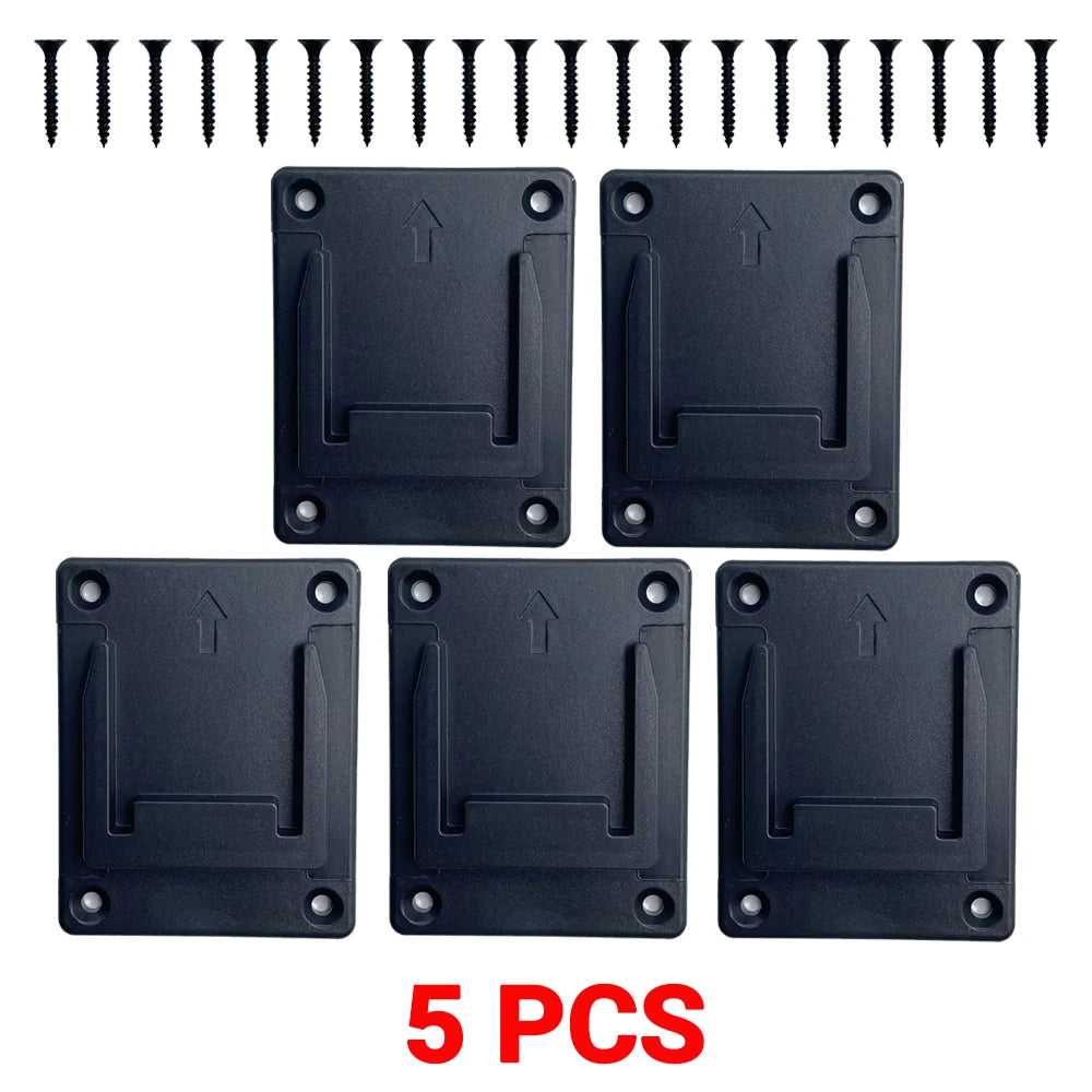 Five black wall-mount holders for Makita 18V batteries and power tools
