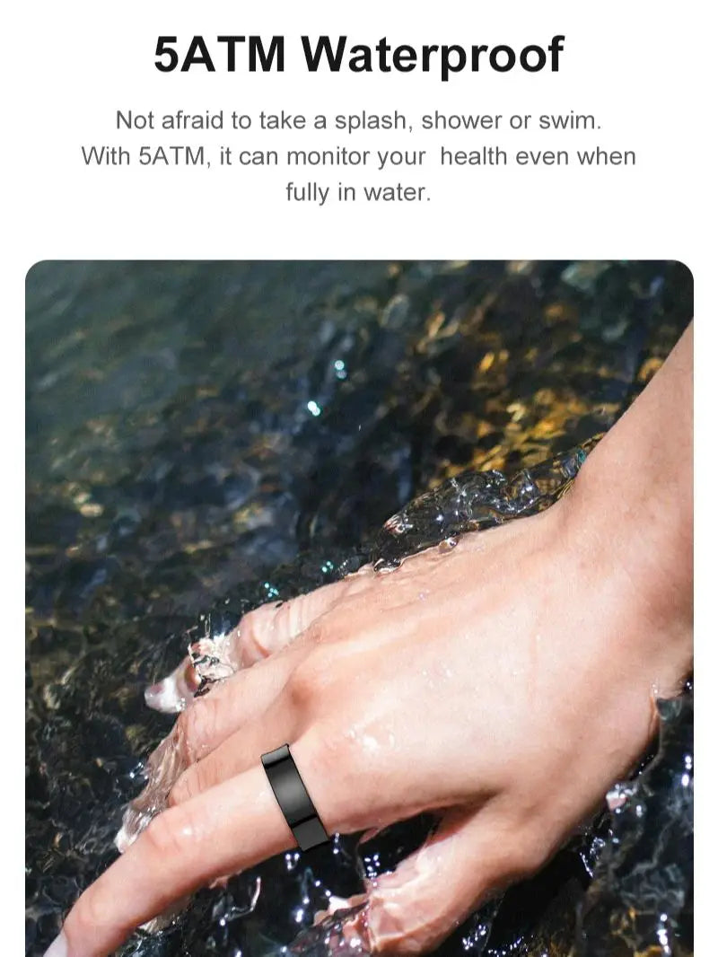 A hand wearing a sleek black smart ring is submerged in water, demonstrating the 5ATM waterproof capability.