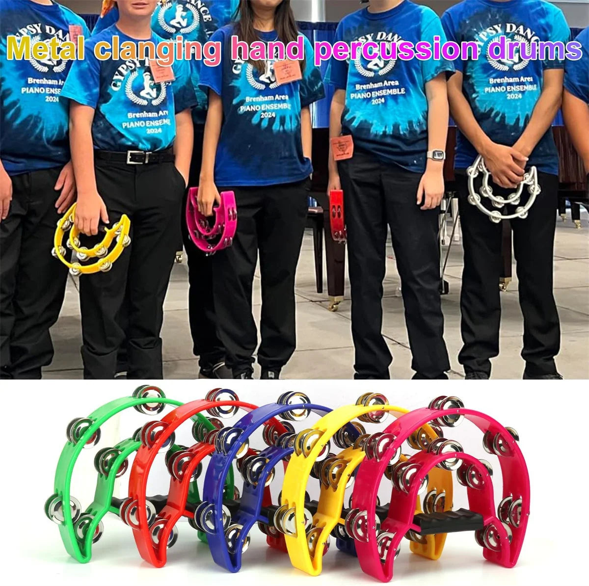 A collection of half-moon tambourines with double rows of metal jingles in various colors.