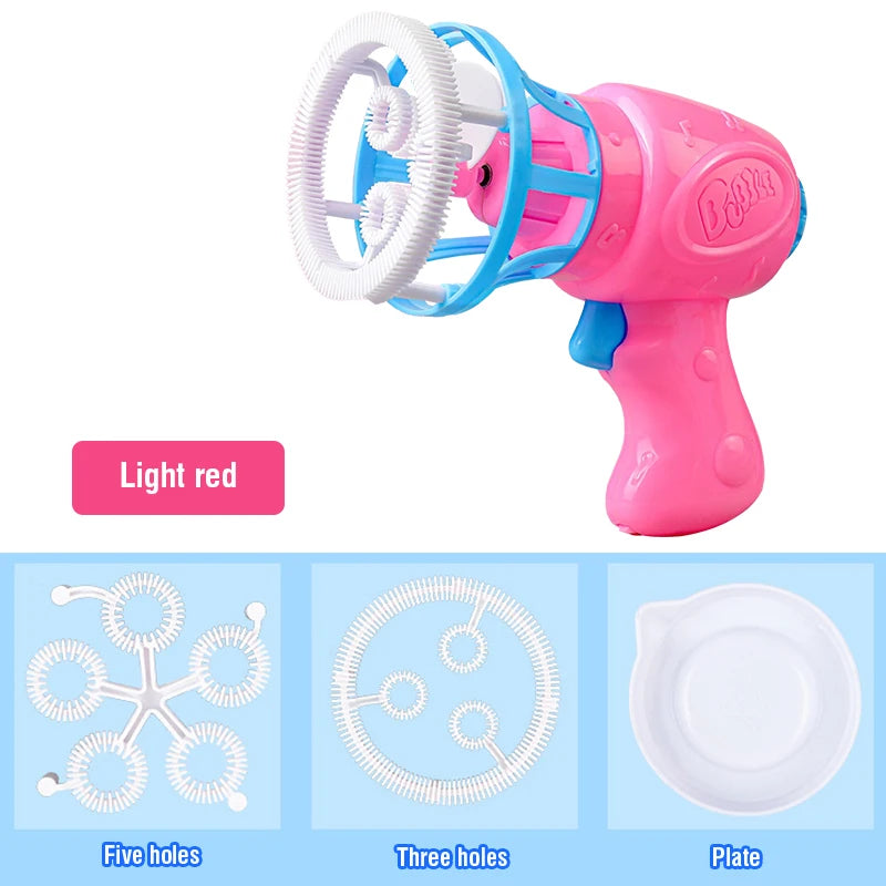 Pink and blue automatic bubble gun for kids with soft fan blades shown alongside parts like five holes, three holes, and a pl